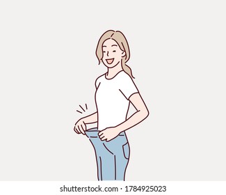 Slimming woman wearing big pants. Hand drawn style vector design illustrations.