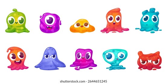 Alienígenas fofos. Monstros engraçados em estilo gelatinoso com olhos grandes. Personagens bonitos, criaturas coloridas viscosas. Crianças mascotes, jogo vetorial de hoje
