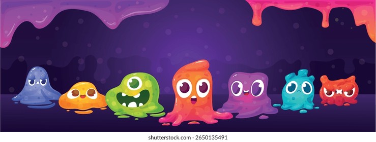 Banner escorregadio. Engraçado criaturas gelatinosas, grupo de monstros de desenhos animados. Caracteres emocionais loucos e borda de lodo líquido. Fundo de vetor vibrante hoje em dia