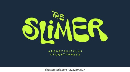 Slimy font, lime color cartoon letters. Cartoon blots alphabet for slime, plasticine, spots art, childish game headline and logo. Playful bright green bubbles letters, vector typographic design