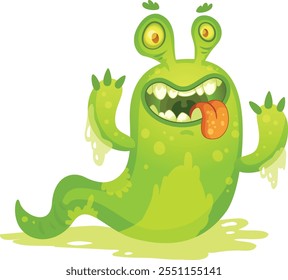 Slimy green cartoon monster with two eyes, a long tail sticking out its tongue and showing sharp teeth while standing on a puddle of slime