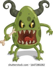 Slimy green monster with horns holding a bone