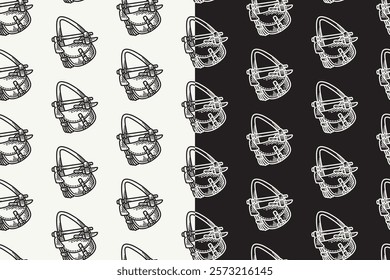 sling bag with axes, knives doodle seamless pattern on black white background set. hatching outdoor sling bag background. sling bag engraving wallpaper. pattern background with sling bag for adventure