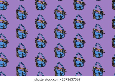 sling bag with axes, ropes, knife colorful doodle seamless pattern on purple background. retro sling bag background. sling bag illustration wallpaper. pattern background with sling bag for adventure