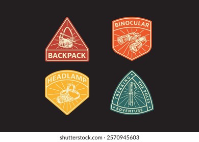 sling bag with axes, trekking poles, headlamp, binoculars, hiking poles, carrier bag, glasses, flashlight retro badge logo vector design collection set for adventure, explorer, mountaineer and hiker