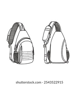 Sling saco crossbody mochila viagem saco de peito caminhando mochila para mulheres homens ao ar livre esportes vetor ícone linha arte. Um projeto vetorial editável de saco de tipoia saco crossbody. Isolado em um fundo branco.