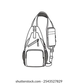 Sling bag for men crossbody chest bag sling backpack travel hiking daypack sports bag vector icon line art. An editable vector design of a crossbody bag. Isolated on a white background.