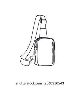 Sling bag for men and women with pockets. Crossbody bag for traveling, running, and hiking with adjustable strap vector icon line art. Isolated on a white background.