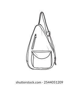 Tragetasche für Frauen Crossbody Rucksack Schulter Brusttasche Daypack lässig Wandern Outdoor-Vektorsymbol Linie Kunst. Dies ist ein bearbeitbares Vektordesign einer Frauen-Tragetasche einzeln auf weißem Hintergrund.