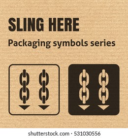 SLING HERE packaging symbol on a corrugated cardboard background. For use on cardboard boxes, packages and parcels. EPS10 vector illustration