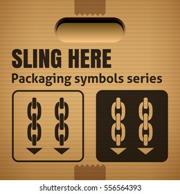 SLING HERE packaging symbol on a corrugated cardboard box. For use on cardboard boxes, packages and parcels. Vector illustration