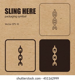 Sling Here vector packaging symbol on vector cardboard background. Handling mark on craft paper background. Can be used on a box or packaging. Vector EPS 10.