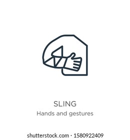 Sling icon. Thin linear sling outline icon isolated on white background from hands and gestures collection. Line vector sign, symbol for web and mobile