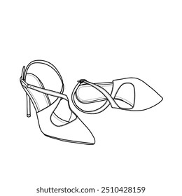 Slingback heels for women are pointed closed-toe, stiletto pumps cross strap, kitten heels line art. Technical sketch hand drawing outline vector doodle illustration.