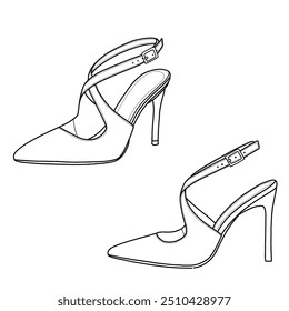 Slingback heels for women are pointed closed-toe, stiletto pumps cross strap, kitten heels line art. Technical sketch hand drawing outline vector doodle illustration.