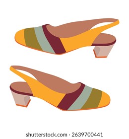 Slingback Low Heel Shoes Vector Illustration. Stylish vector illustration of slingback low heel shoes pair with yellow, brown, and gray stripes. Perfect for fashion, footwear designs, and style concep