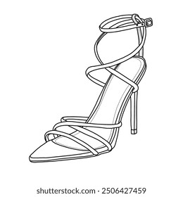 Slingback Pointed Toe Stiletto Pumps Slip-on High Heels Office Lady Sandals Line art, Technical sketch hand drawing outline vector doodle illustration isometric view isolated on white background