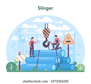 Slinger concept. Professional workers of constructing industry slinging goods. Loading and unloading operations in conjunction with a lifting mechanism. Isolated flat vector illustration