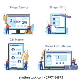 Slinger online service or platform set. Professional workers of constructing industry loading and unloading goods. Online consultation, service, website. Isolated flat vector illustration