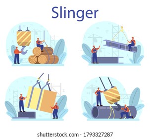 Slinger set. Professional workers of constructing industry slinging goods. Loading and unloading operations in conjunction with a lifting mechanism. Isolated flat vector illustration