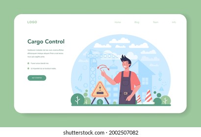 Slinger web banner or landing page. Professional workers of constructing industry slinging goods. Loading and unloading operations in conjunction with a lifting mechanism. Vector illustration
