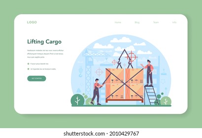 Slinger web banner or landing page. Professional workers of constructing industry slinging goods. Loading and unloading operations in conjunction with a lifting mechanism. Vector illustration