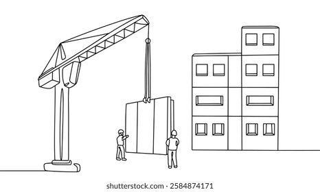 Slingers work on a construction site. They properly secure and secure heavy loads to ensure they move safely and avoid accidents and injuries. The important work of slingers. Vector illustration