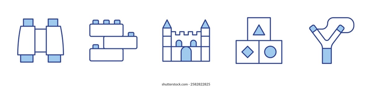 slingshot, brick, castle, cubes, binoculars. Toys Icon vector illustration. Line Duotone style. Editable stroke.