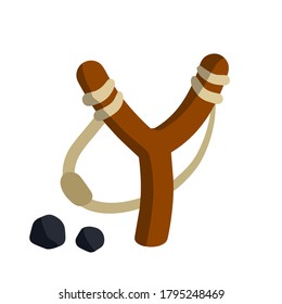 Slingshot. Children Toy For Throwing Stones. Shooting And Small Rock. Flat Cartoon Illustration Isolated On White Background. Wooden Catapult