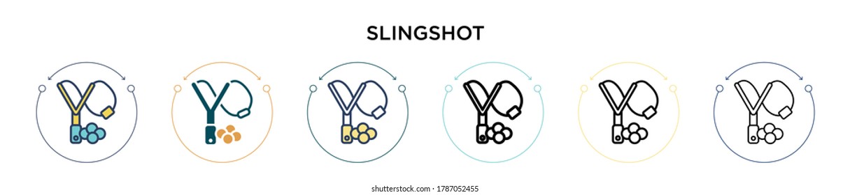 Slingshot icon in filled, thin line, outline and stroke style. Vector illustration of two colored and black slingshot vector icons designs can be used for mobile, ui, web