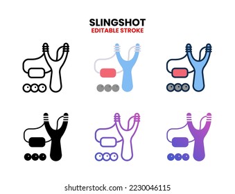 Slingshot icon set vector line, outline, glyph, filled line, flat color, line and flat gradient. Editable stroke and pixel perfect. Can used for digital product, presentation, UI and many more.