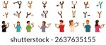  Slingshot icons set. People using slingshots, having fun outdoors with traditional wooden and modern catapults, enjoying a playful activity