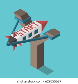 Slingshot launching space rocket with start word. Startup, project and beginning concept. Flat design. EPS 8 compatible vector illustration, no transparency, no gradients