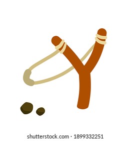 Slingshot. Wooden catapult. Flat cartoon illustration isolated on white background. Children toy for throwing stones. Shooting and small rock