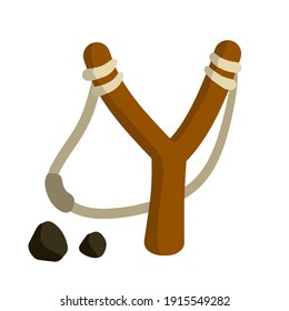 Slingshot. Wooden Catapult. Flat Cartoon Illustration Isolated On White Background. Children Toy For Throwing Stones. Shooting And Small Rock