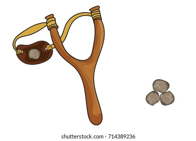 slingshot. wooden handle with rubber bands. stones.