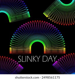 Slinky Day event banner. Colorful spring game with bold text on black background to celebrate on August 30th