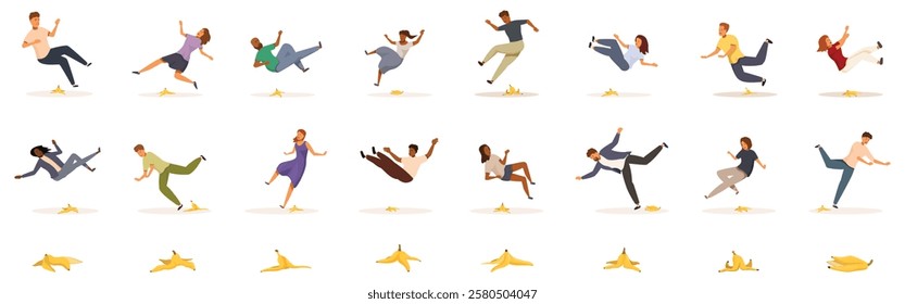  Slip banana peel icons set. Cartoon characters are slipping on banana peels, highlighting the classic comedic scenario of unexpected falls