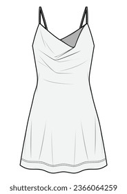 Vestido deslizante, Cuello de vaca Corto Spaghetti Traje Vestido De Moda Esbozo Plano Ilustración Vector, CAD, Dibujo Técnico, Plano Plano, Plantilla, Mockup.