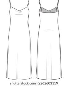 Slip Dress, Cowl Neck Strap Dress  Front and Back View. Fashion Illustration, Vector, CAD, Technical Drawing, Flat Drawing, Template, Mockup.	