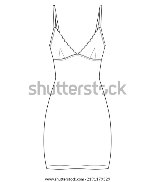 Slip dress fashion flat sketch vector drawing.\
Cad mockup.