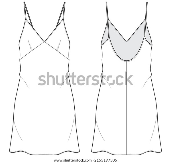 slip dress flat\
sketch technical illustration. front and back apparel template.\
women\'s slip dress CAD\
mockup.