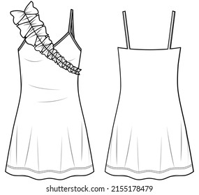 rutschiges Kleid mit frischen Details Frauen Camisole Kleid flache Skizze Vektorgrafik. Vorder- und Rückseite Bekleidungsvorlage CAD-Modell nach oben.