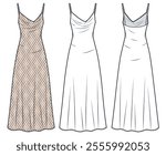 Slip Dress technical fashion illustration, geometrical pattern. Straps Dress fashion flat technical drawing template, halter, bias cut, maxi, front back view, white, mocha, women Dress CAD mockup set.