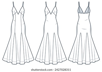 Ilustración técnica de moda Slip Dress. Godet Maxi Vestido de moda plana plantilla de dibujo técnico, ajuste delgado, cremallera lateral, correas, vista frontal y posterior, blanco, conjunto de maquillaje CAD de las mujeres.