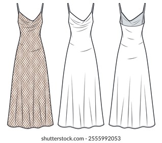 Slip Dress technical fashion illustration, geometrical pattern. Straps Dress fashion flat technical drawing template, halter, bias cut, maxi, front back view, white, mocha, women Dress CAD mockup set.