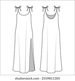 Slip dress with tie shoulder straps and a side slit. The design is minimalistic, featuring a loose silhouette, thin straps tied in bows, and a low neckline in the front and back.