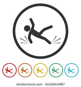 Slip and fall icon. Set icons in color circle buttons
