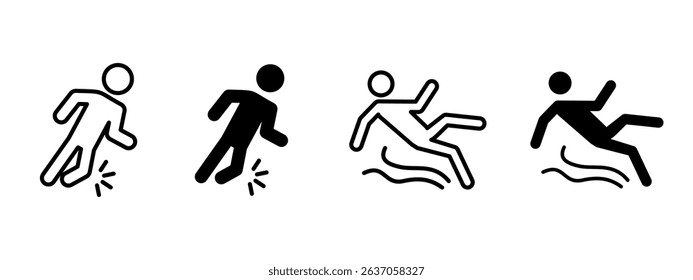 Slip icon. Human figure falling due to slippery floor vector illustration. Warning for wet surface and potential injury hazard symbol. Caution safety signage sign. Accident prevention pictogram.