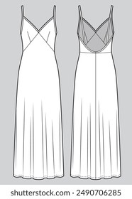 Slip maxi dress technical illustration. Dress with Lace trim